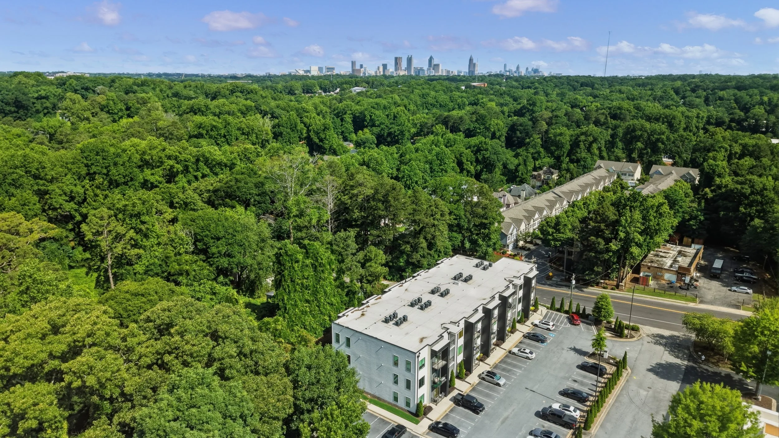 Community views with Atlanta skyline backdrop from Moreland Walk