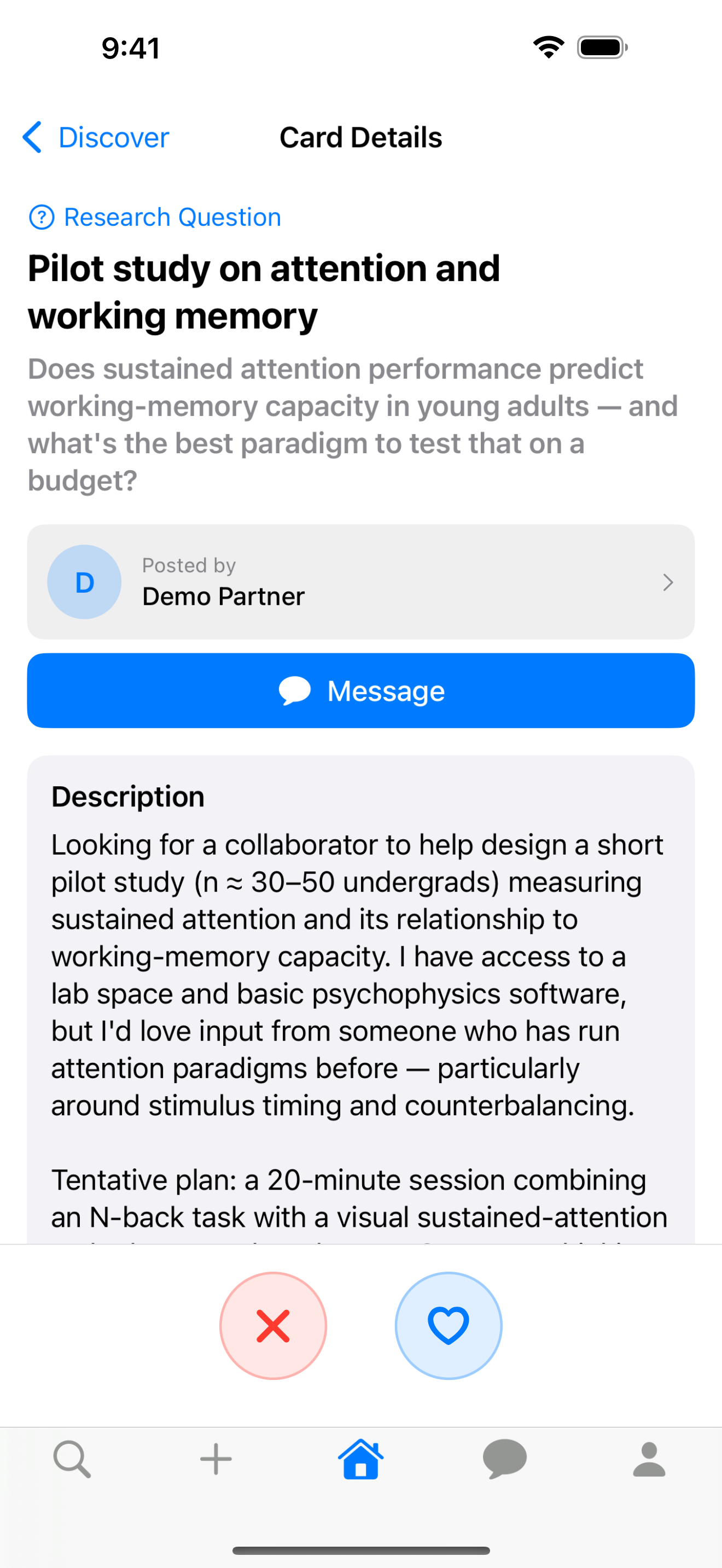 A research question card with subject, focus, and a Send Message button
