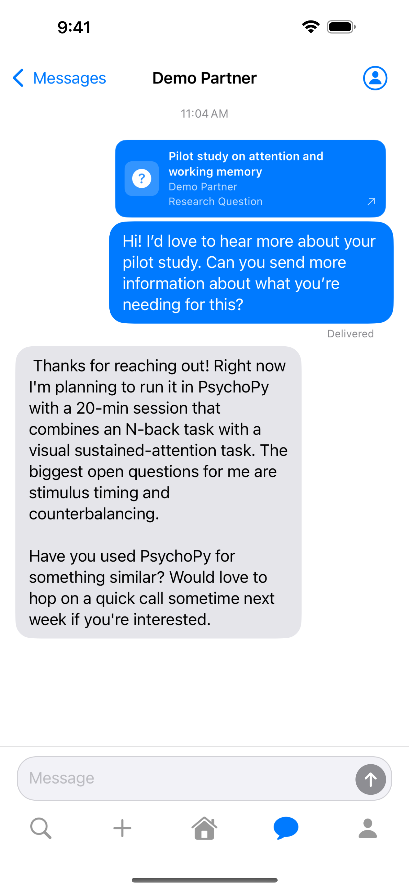 A conversation between two researchers with a shared card
