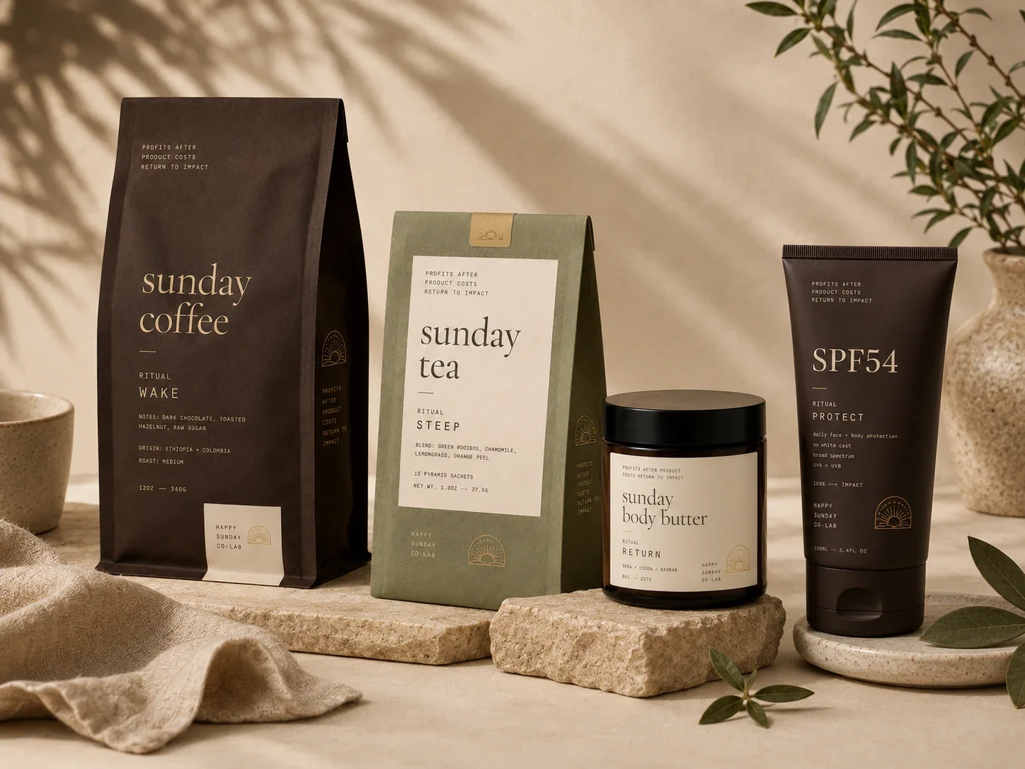sunday goods — coffee, tea, body butter, spf54