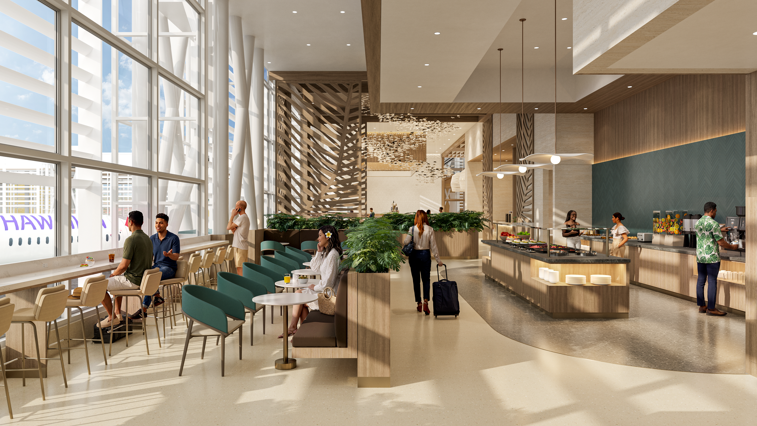 Rendering of the dining area with locally inspired food service inside the new Hawaiian Airlines lounge at HNL