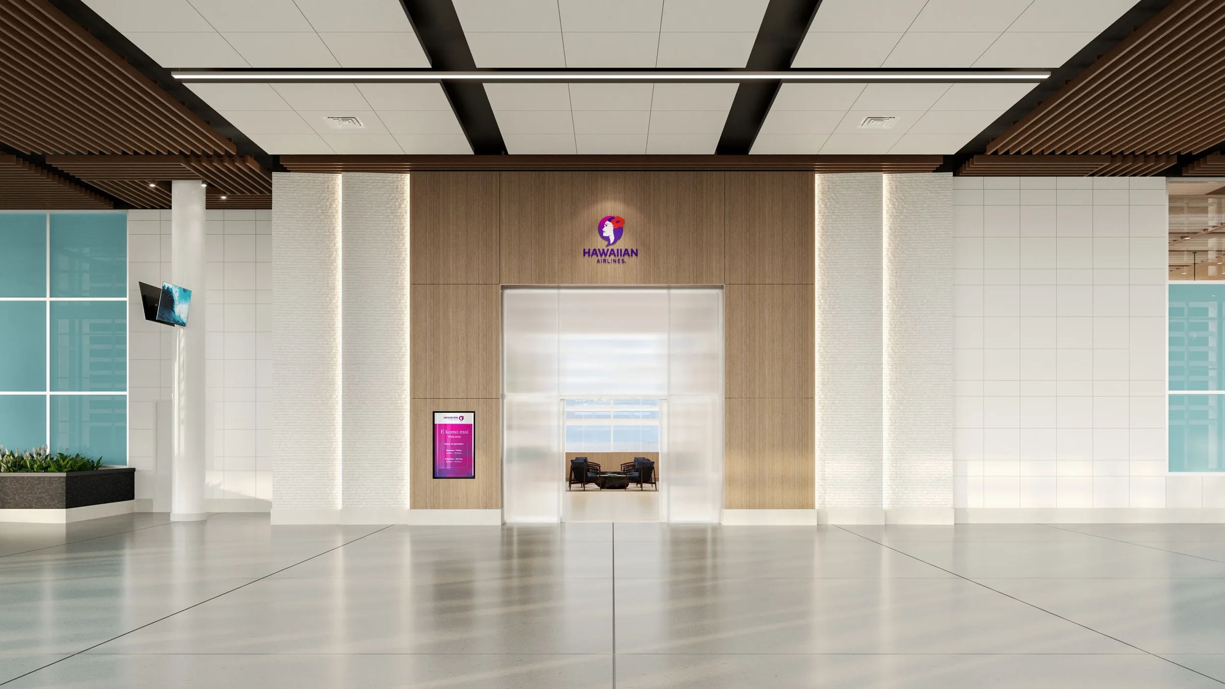 Rendering of the facade of the new 10,600 square foot Mauka Lounge planned for Terminal 1 at Honolulu's Daniel K. Inouye International Airport