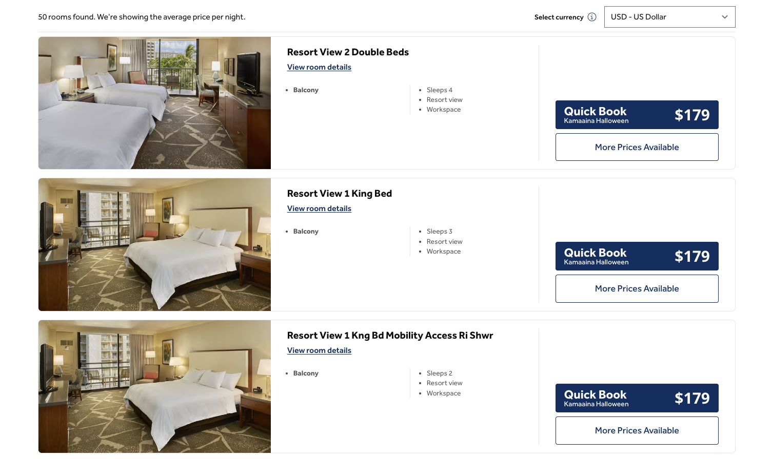 Hilton Hawaiian Village booking screen showing Spooktacular Staycation rooms at $179 per night for Halloween weekend 2026