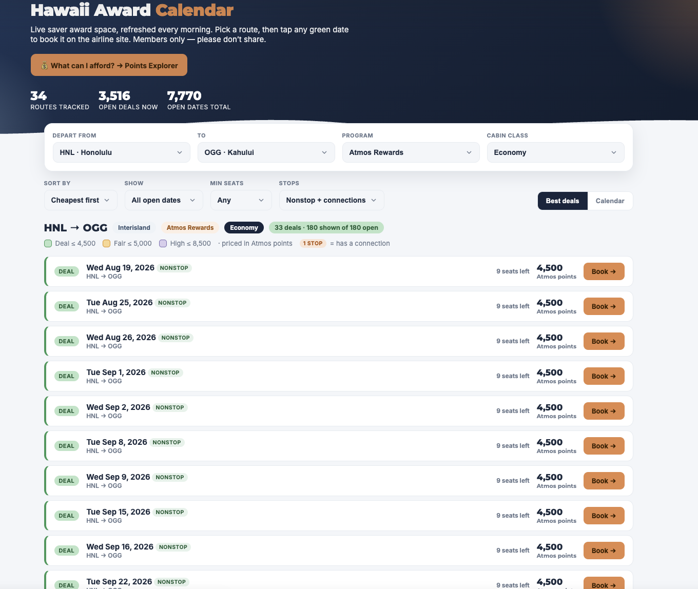 Atmos Rewards Calendar route filters
