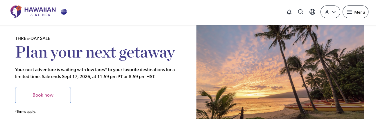 Screenshot of the Hawaiian Airlines three-day sale page on hawaiianairlines.com showing one way sale fares from Honolulu, captured September 16, 2026
