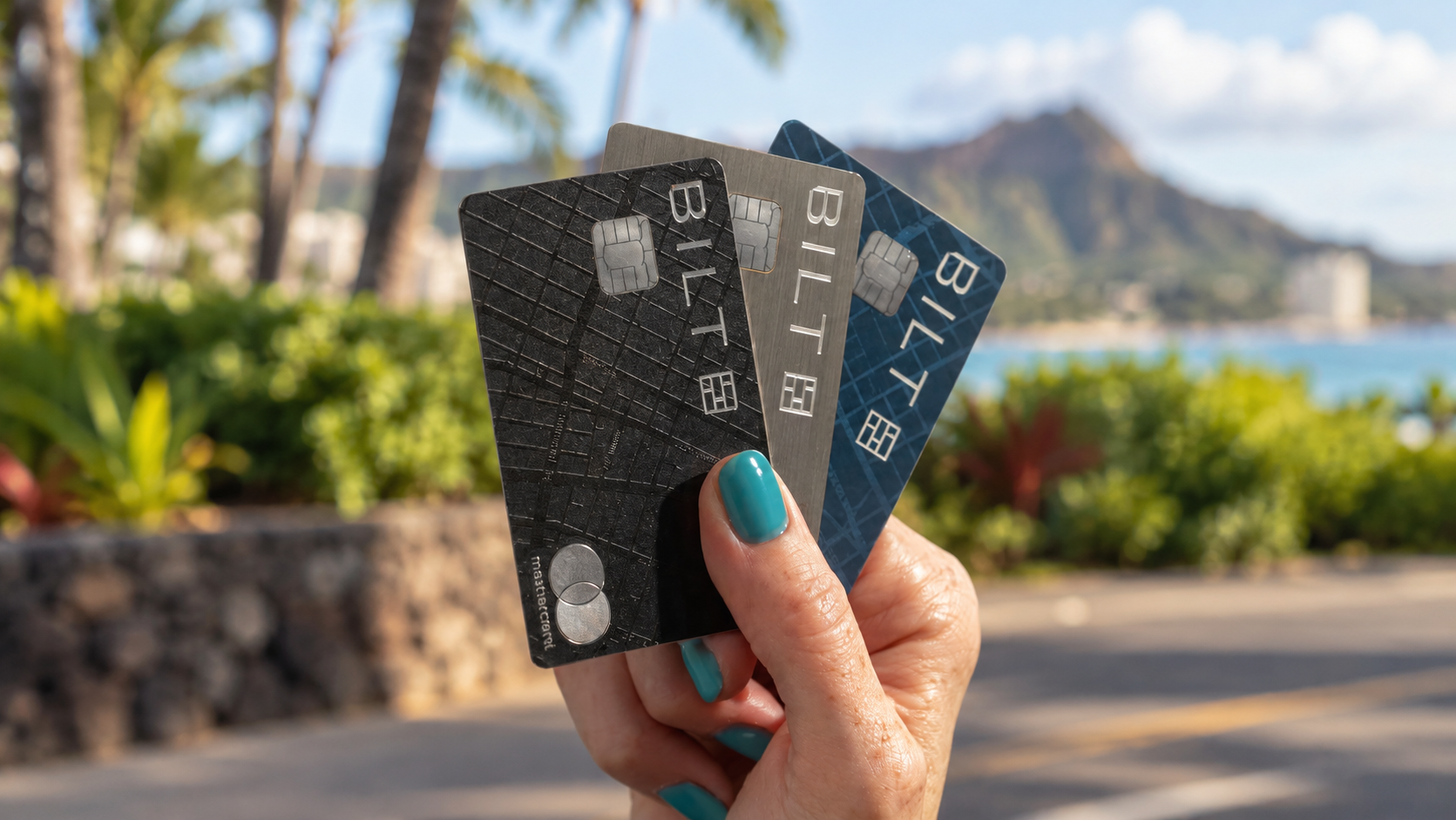 Bilt Blue, Obsidian and Palladium credit cards on a dark background, the cards affected by the Bilt 2027 rewards changes