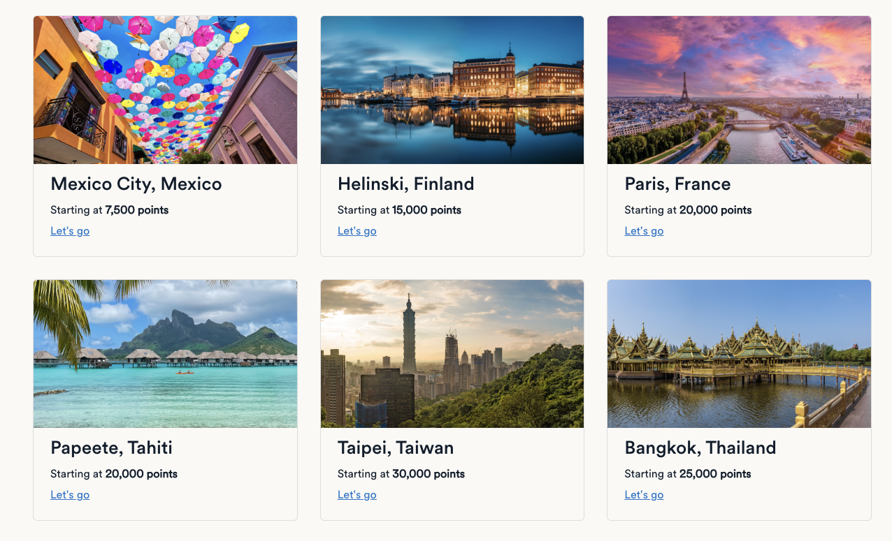 Atmos Rewards award search showing one-way Global Getaways fares for travel out of Honolulu