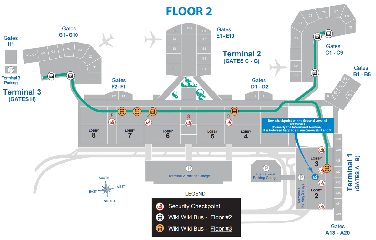 Daniel K. Inouye International Airport floor 2 map showing terminals, gates, and lobby areas