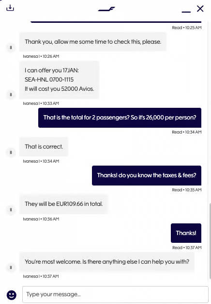 Sample online chat with a Finnair agent confirming an Alaska business class award booking is available