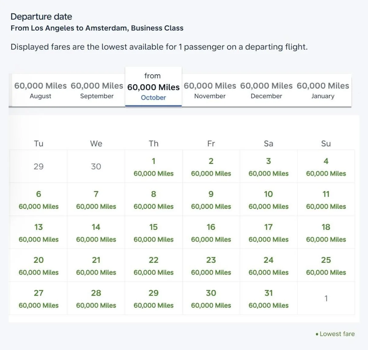 Flying Blue award calendar for October, Tuesday through Sunday columns, showing Los Angeles to Amsterdam business class priced at 60,000 miles on every single date, with the same 60,000 mile price listed for every month from August through January
