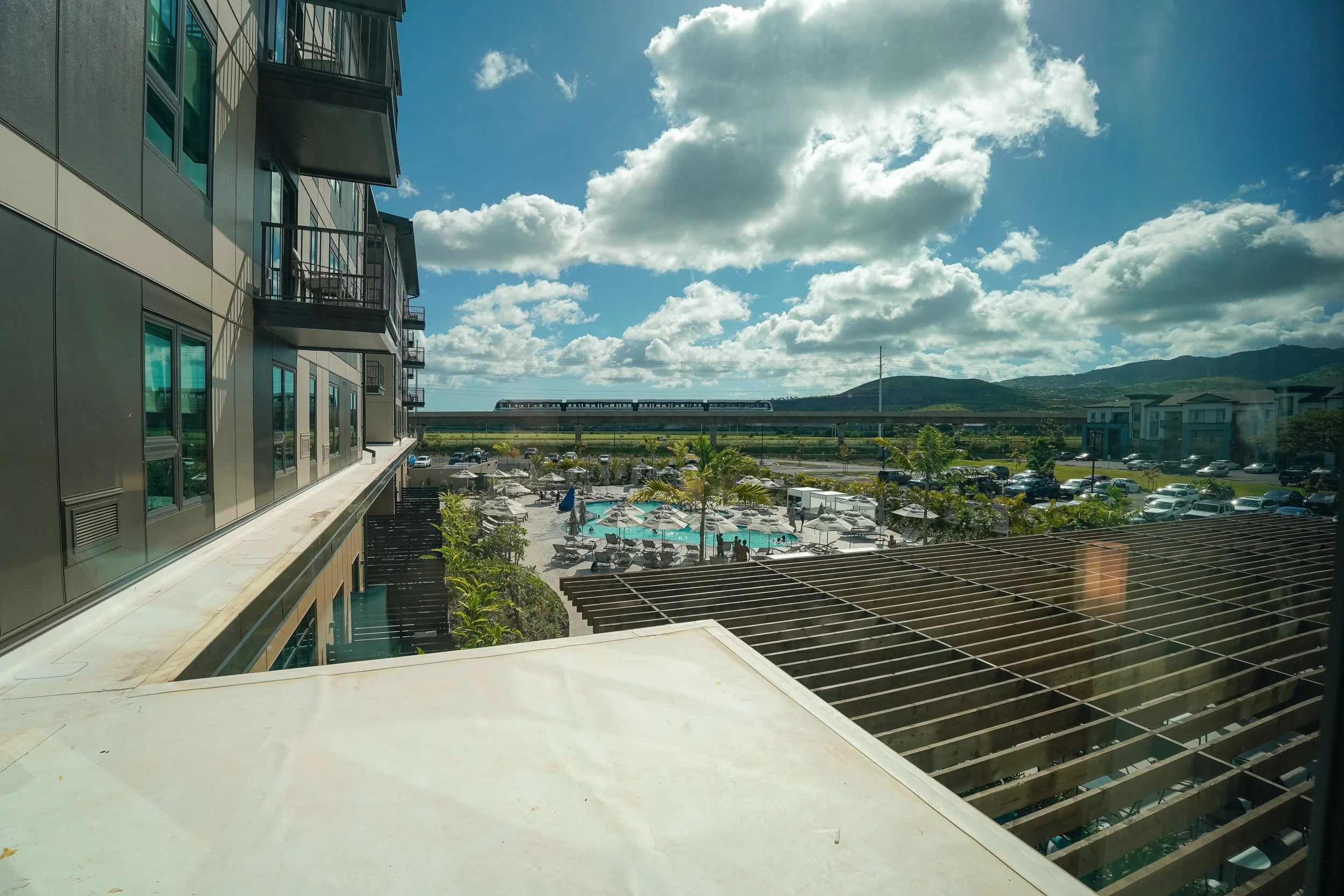View from a Hyatt Hoʻopili room looking out toward the Skyline rail line in West Oʻahu