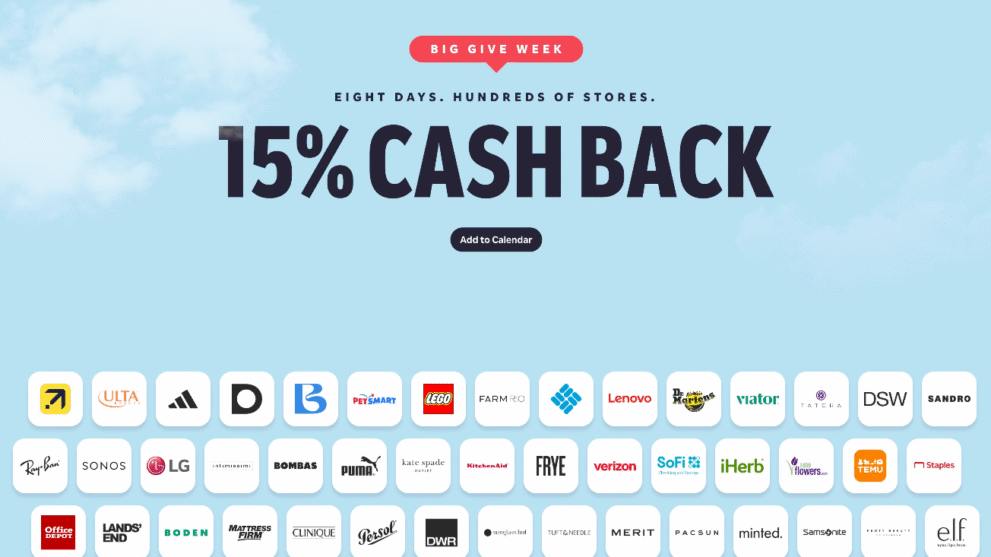 Rakuten Big Give Week 2026 - up to 15% cash back at hundreds of stores from May 4 to May 11