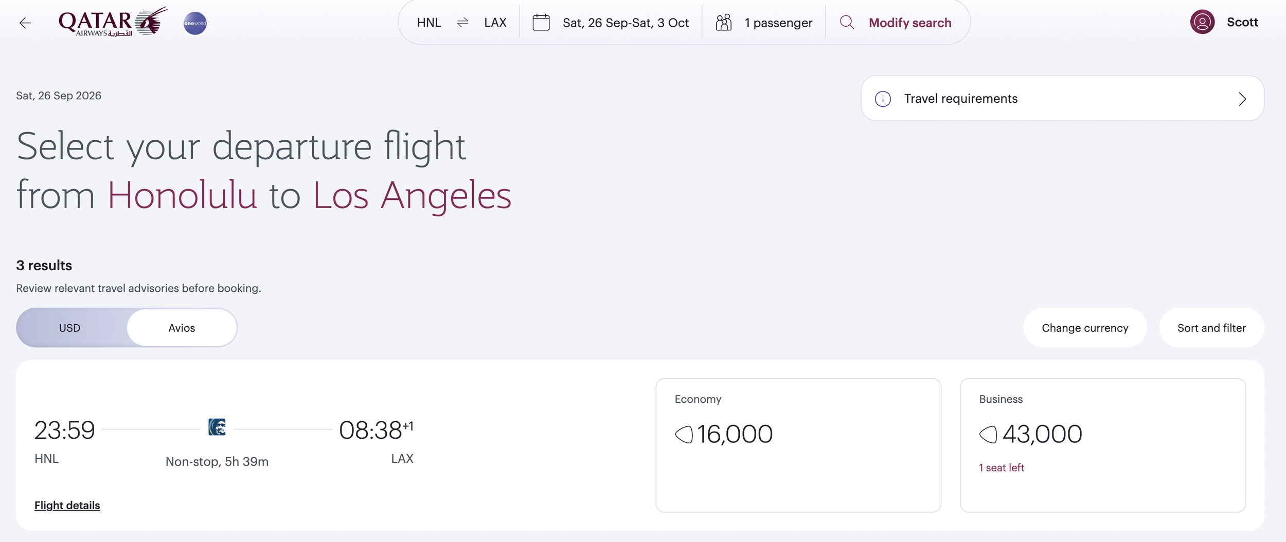 Qatar Airways award search showing Honolulu to Los Angeles nonstop on September 26, 2026 at 16,000 Avios in economy and 43,000 Avios in business