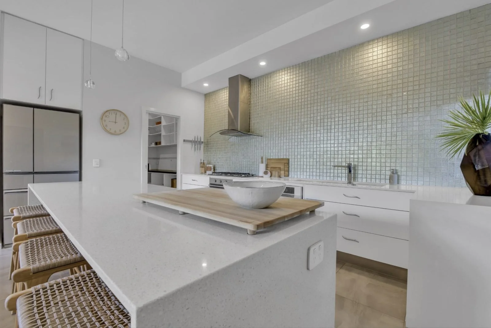 Kitchen island with pendant lighting and island powerpoint