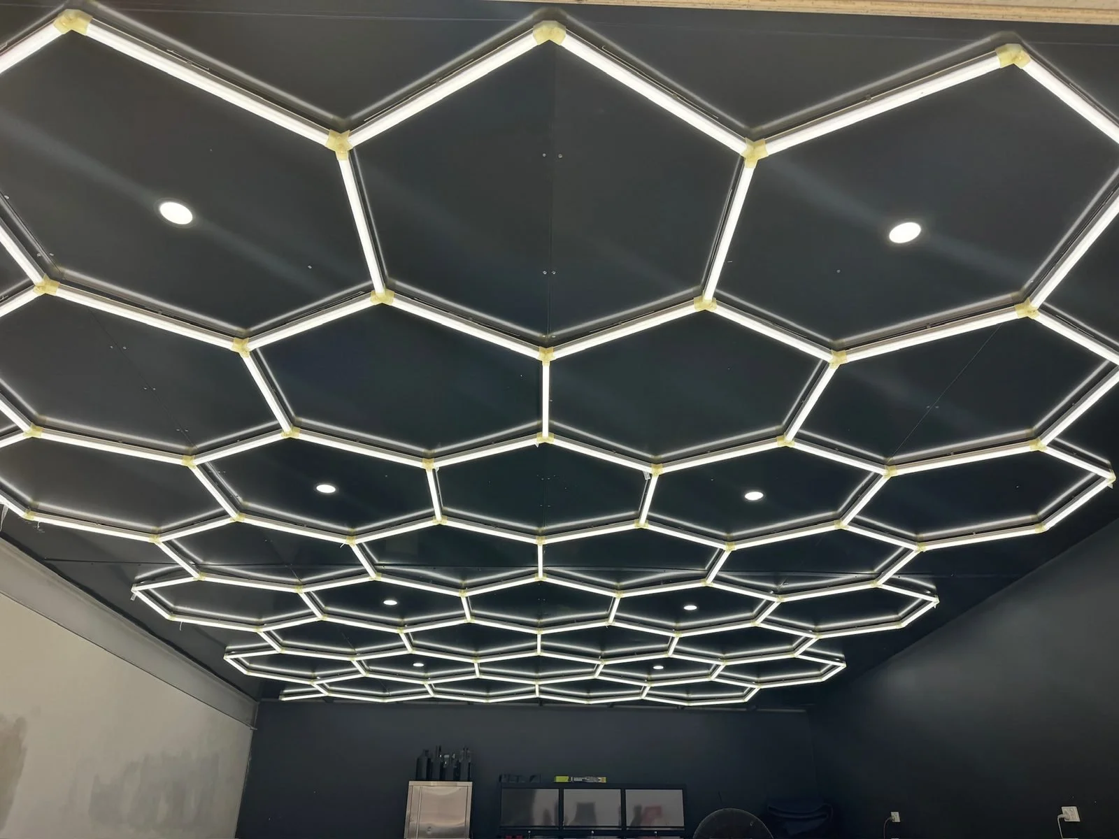 Hexagonal LED ceiling lighting install