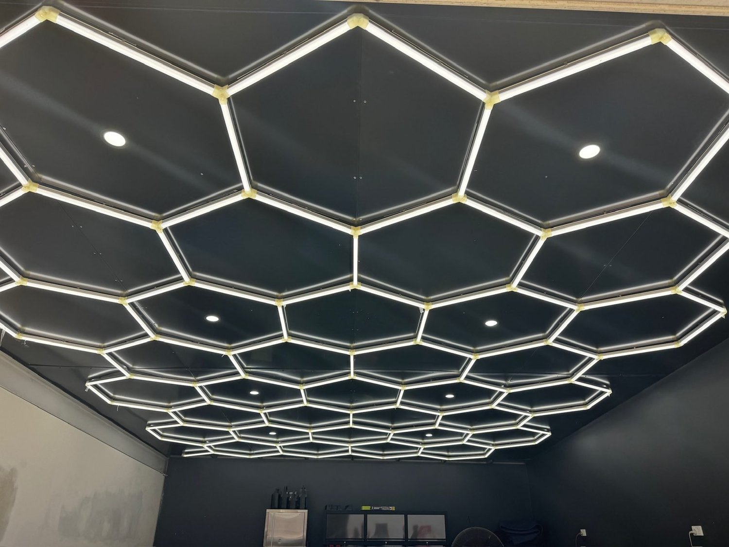 Hexagonal LED ceiling lighting install