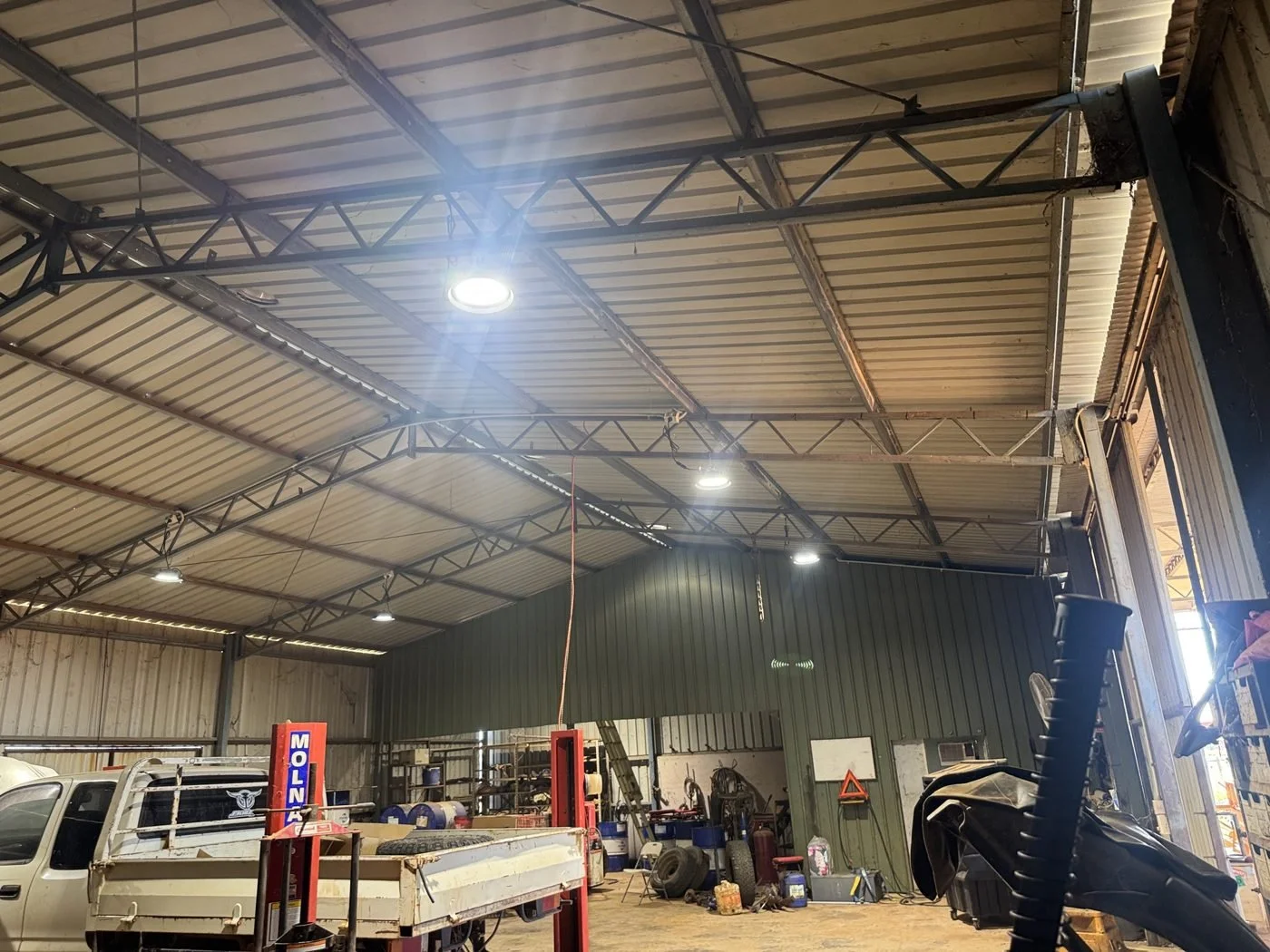 LED high-bay lighting in a commercial workshop