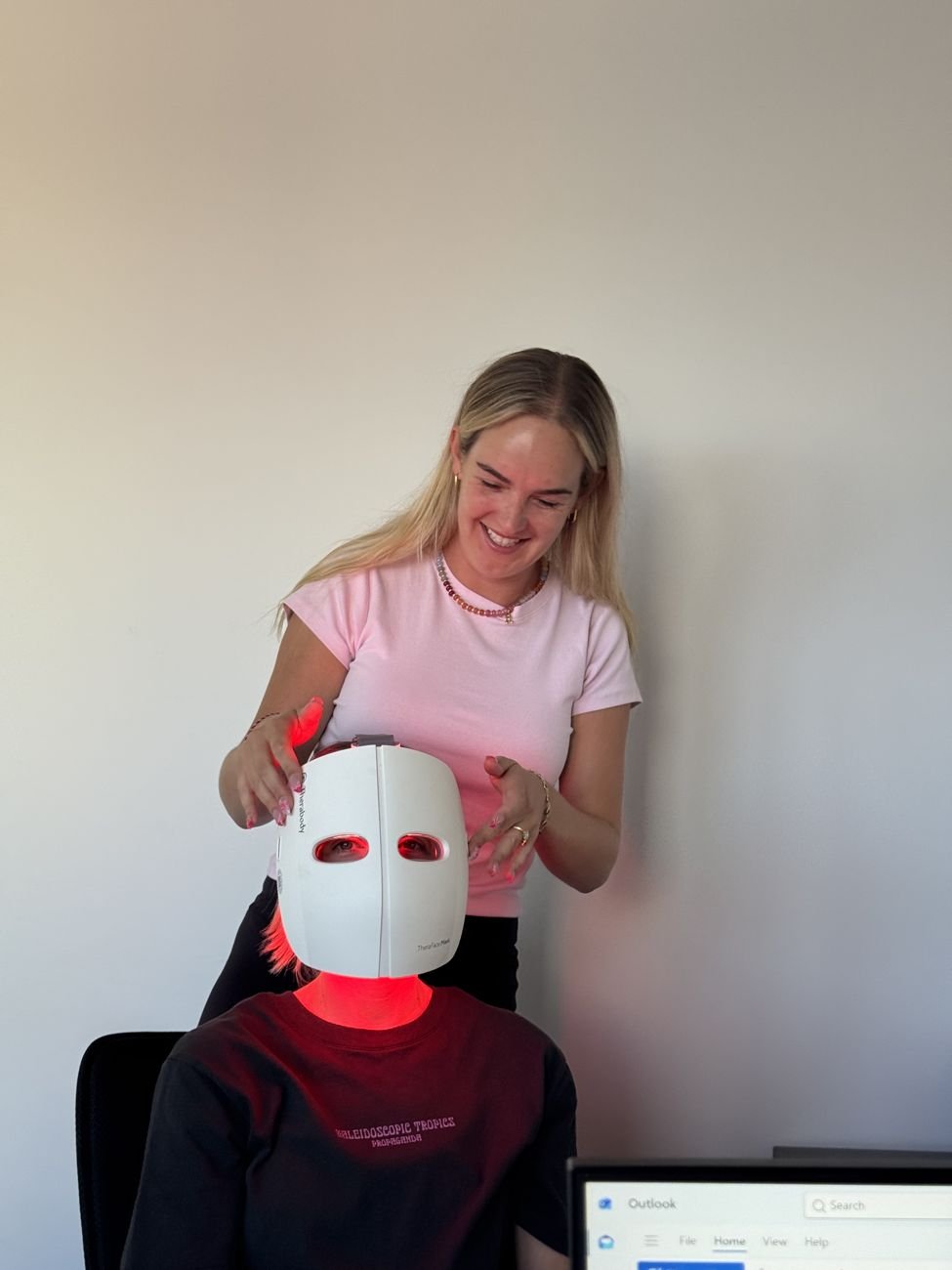 Office fun with an LED face mask
