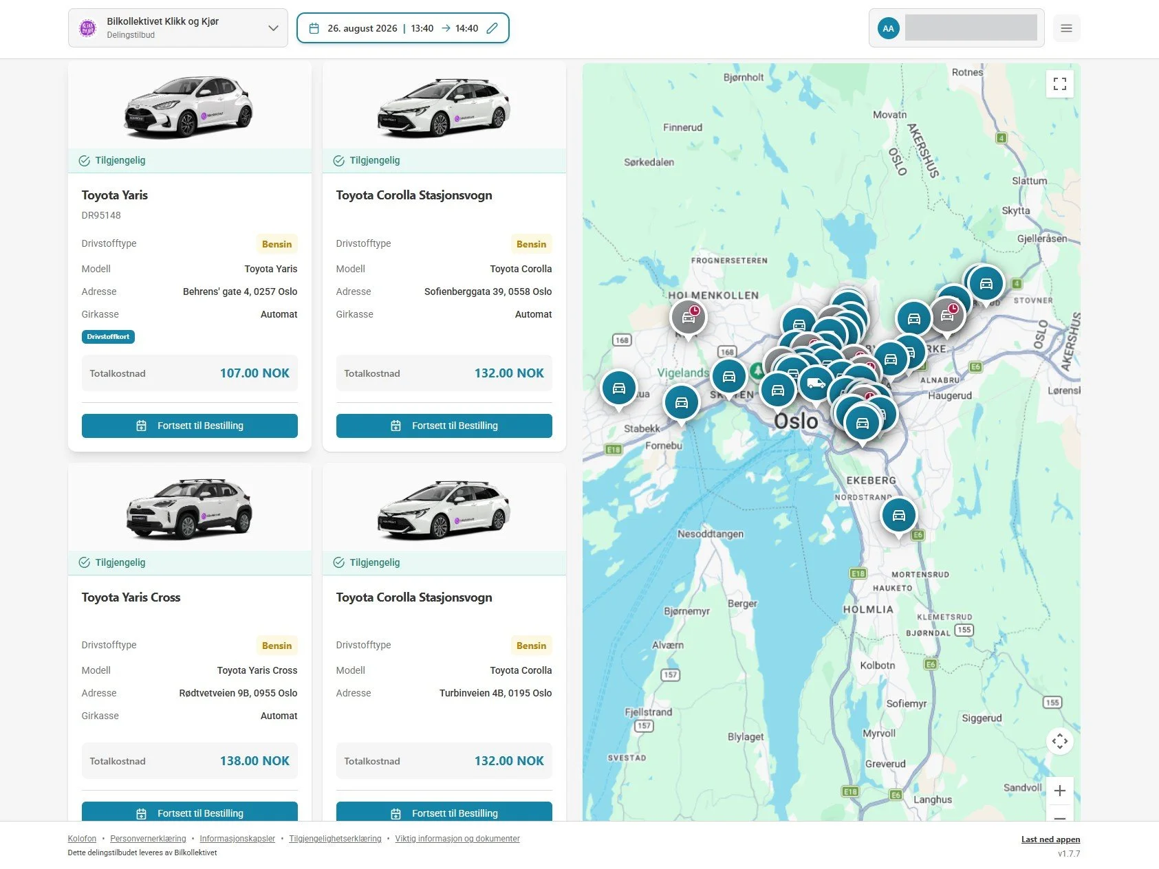 Bilkollektivets bookingside i nettleseren