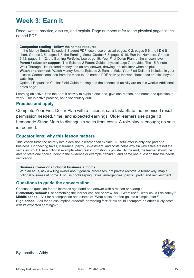 Week 3 Curriculum plan page