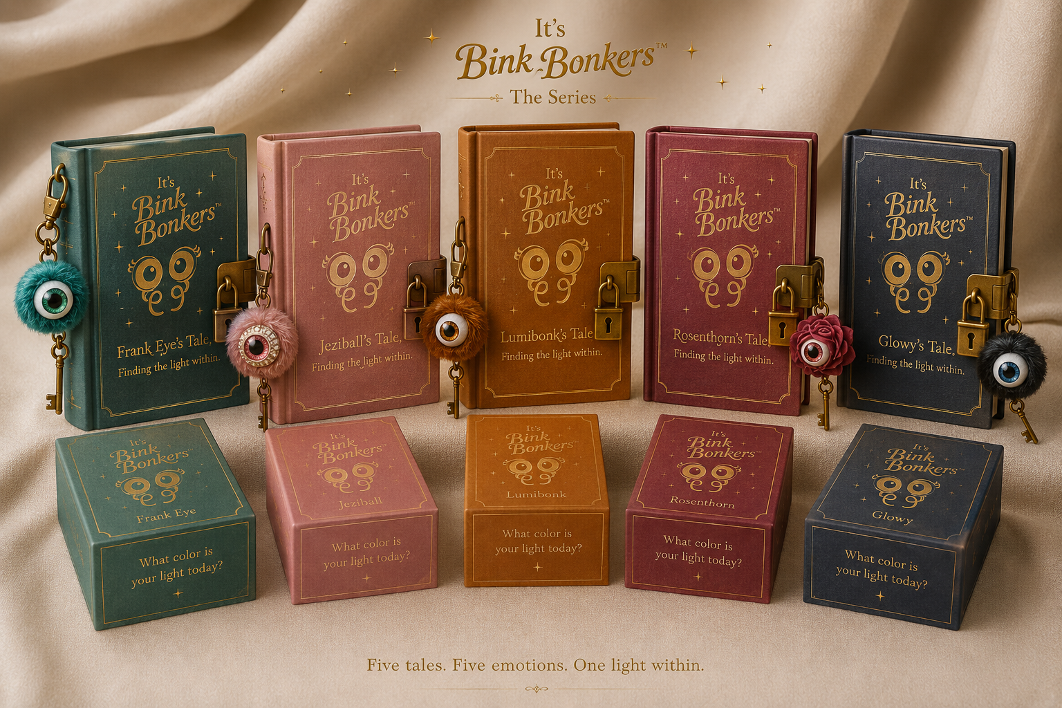 The five Bink Bonkers hardcover books with their matching emotion collectibles
