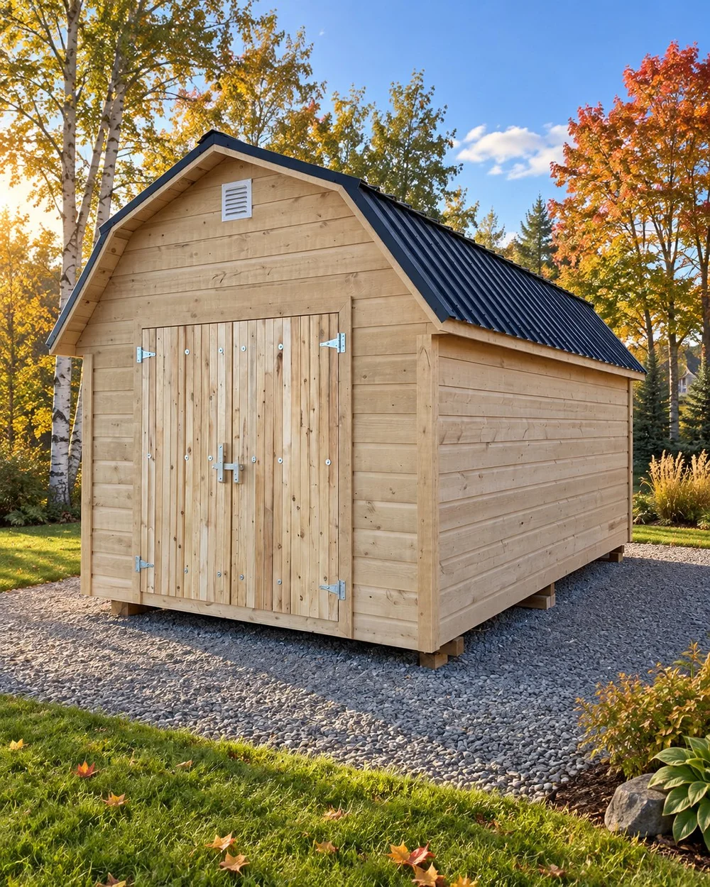 Sold Titan T19, newly built 10×16 Gambrel with natural wood siding, black metal roof and double barn doors.