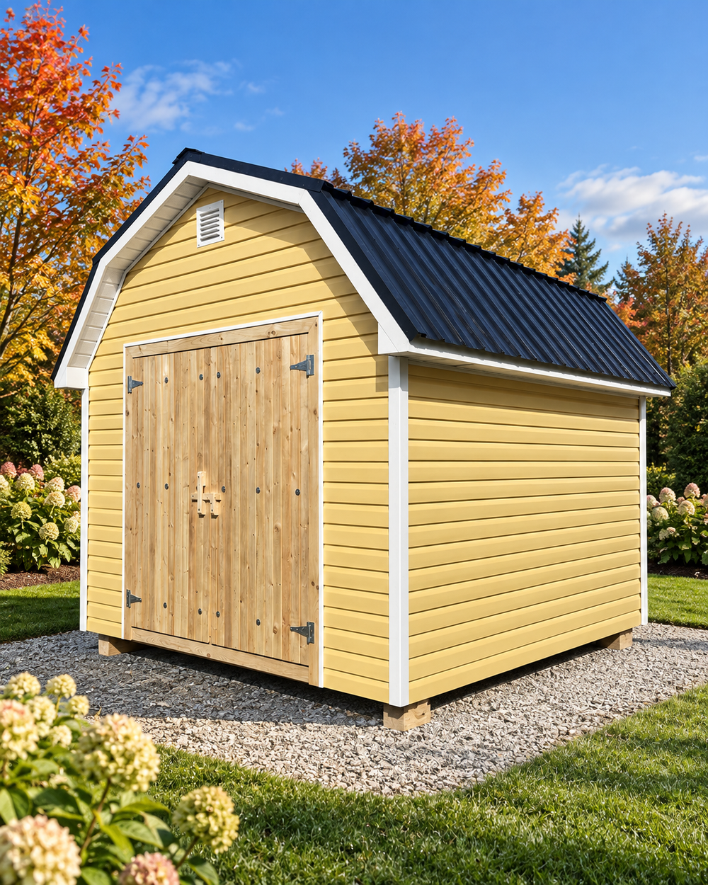Sold Titan T18, 10×12 Gambrel, saffron vinyl and black metal roof.