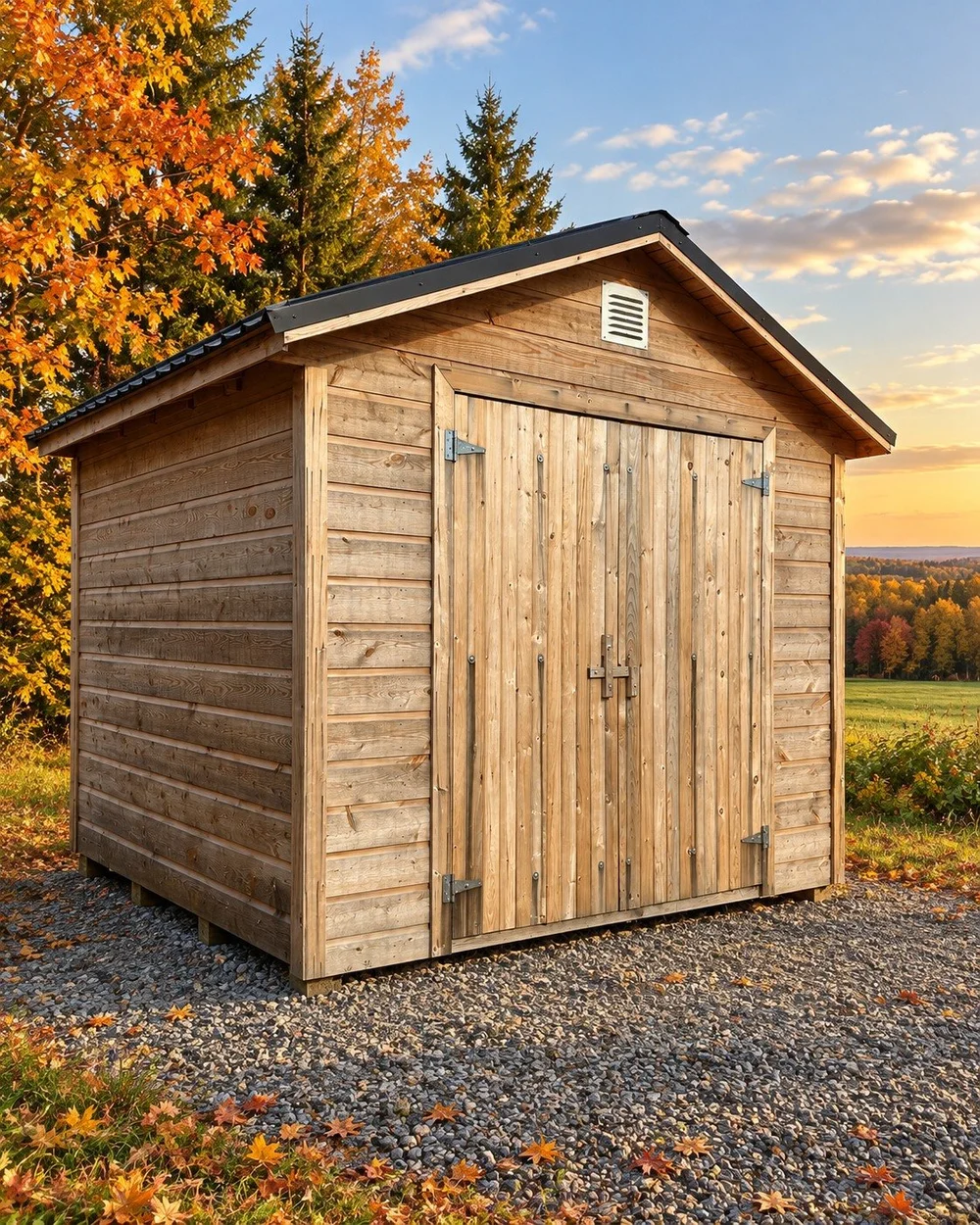 T09, 10×12 Pitch, natural wood finish, black metal roof, closed double barn doors.