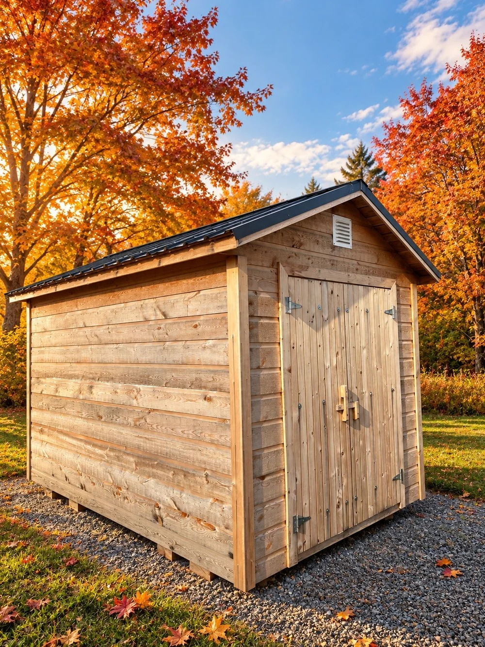 T02, 8×12 Pitch, natural wood finish, black metal roof, closed double barn doors.