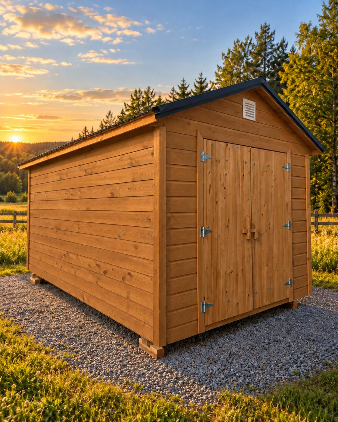 Same T13 barn illustrated in Teak; proposed finish, not current appearance