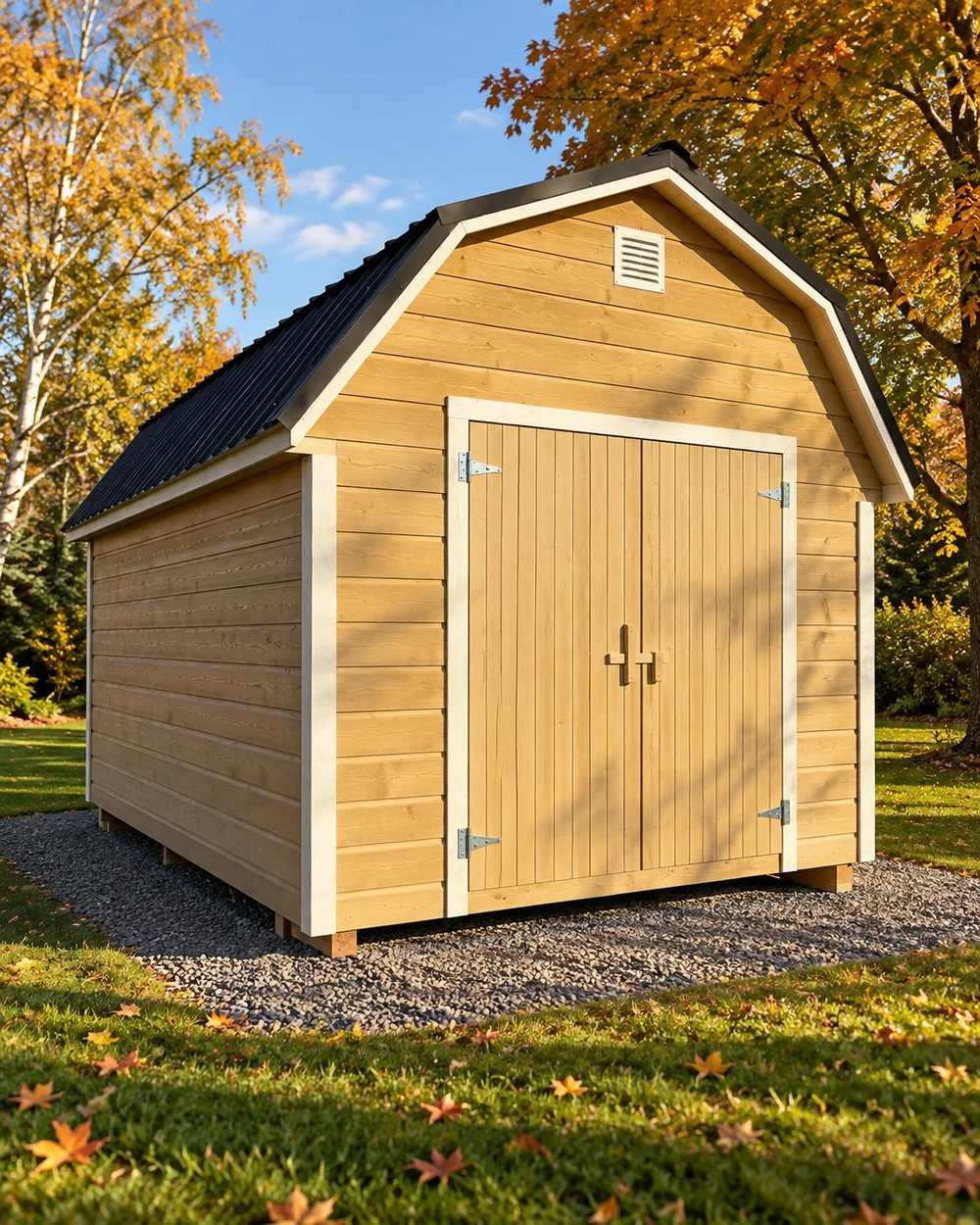 Sold Titan T17, 10×16 Gambrel, light stained wood and black metal roof.