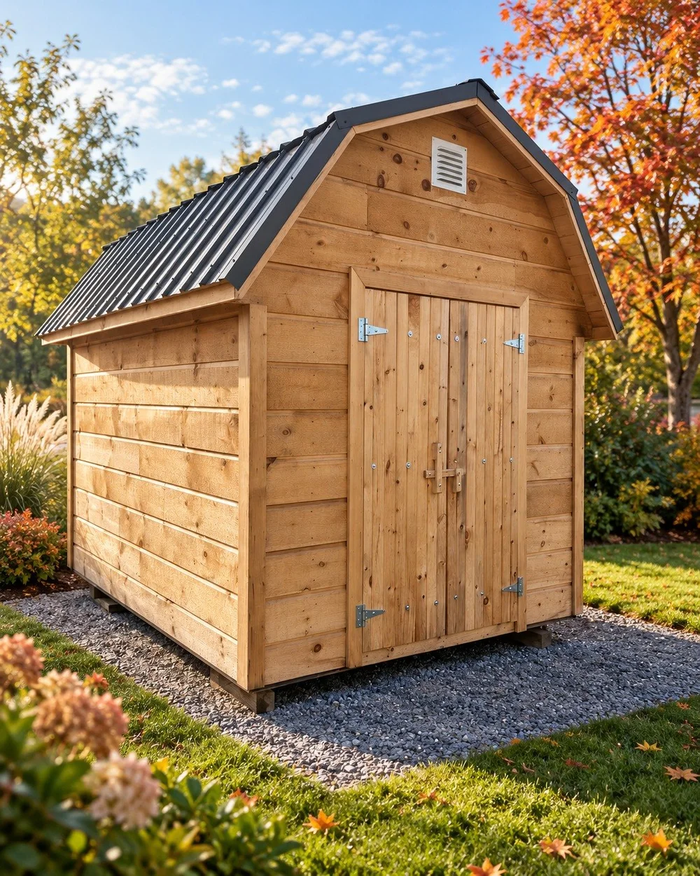 T05, 8×10 Gambrel, natural wood finish, black metal roof, closed double barn doors.