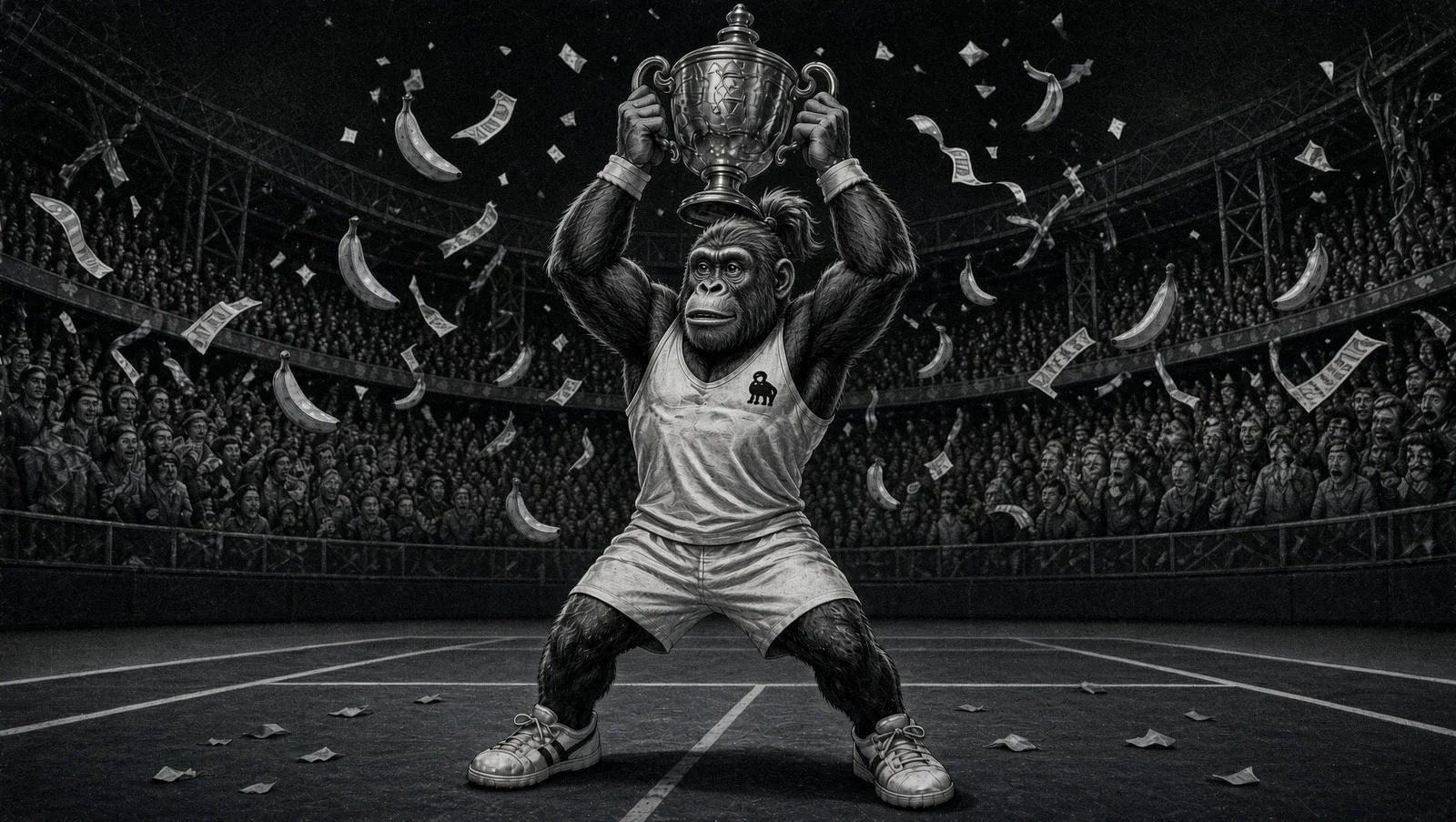 Original art: tennis monkey lifting the cup amid bananas and ticker tape