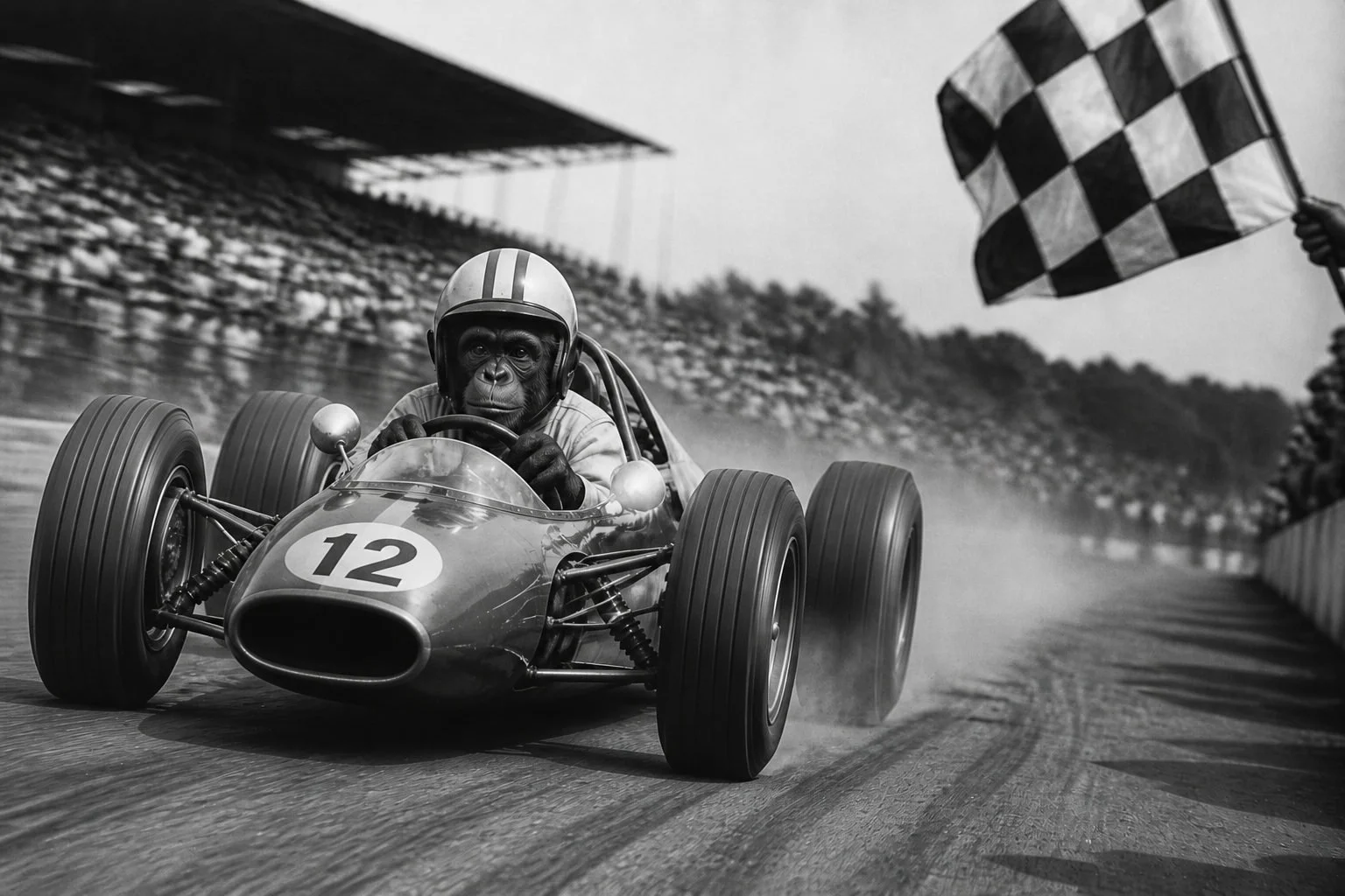 Original art: monkey racer at the chequered flag