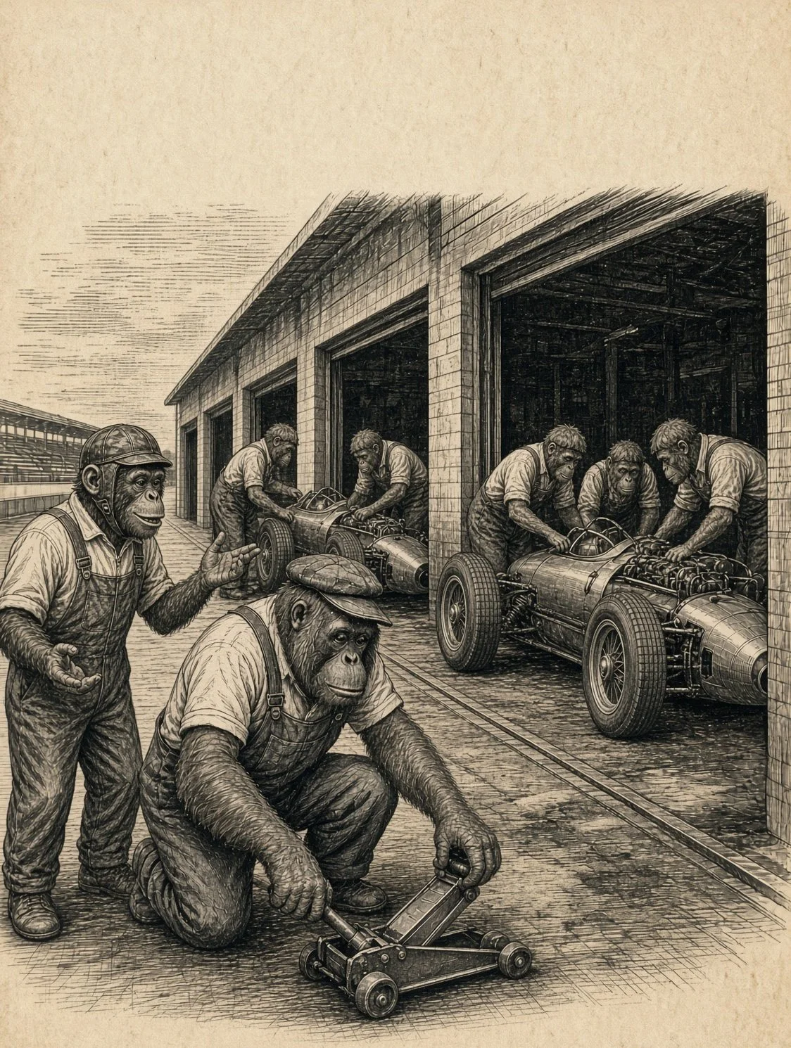 Staff illustration: empty pit garage with tool chests and tyre stacks