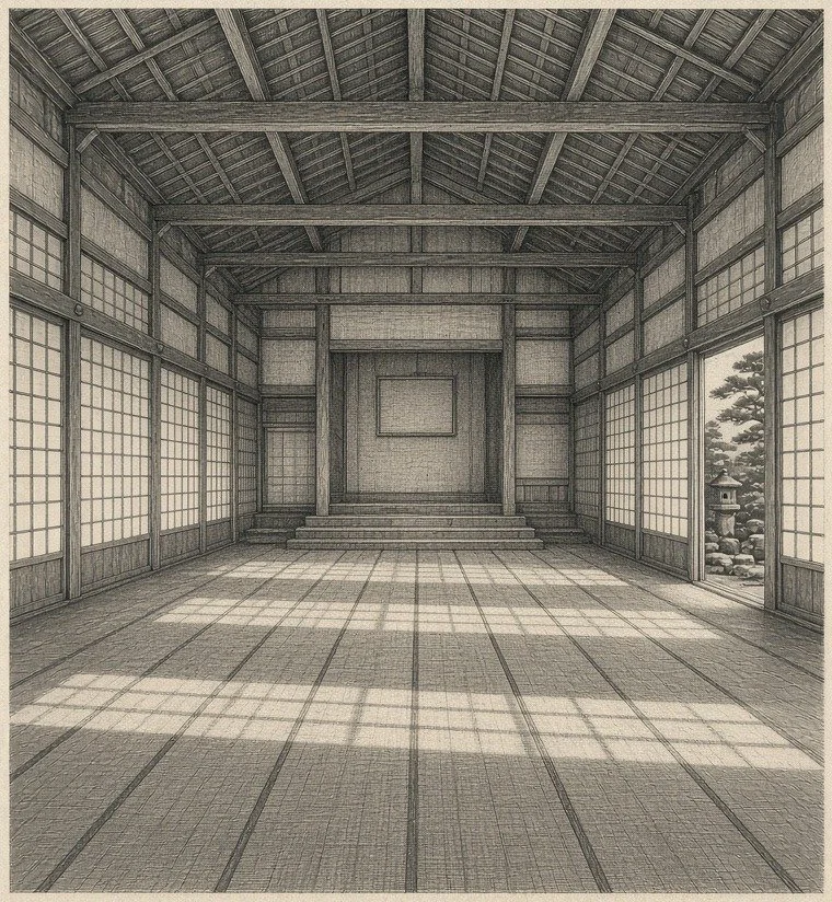 Staff illustration: empty dojo hall with shoji screens and raised platform