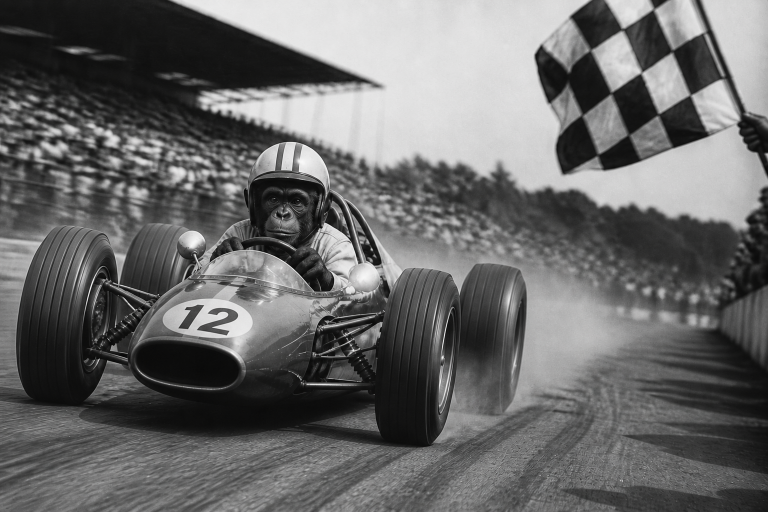 Original art: monkey racer at the chequered flag