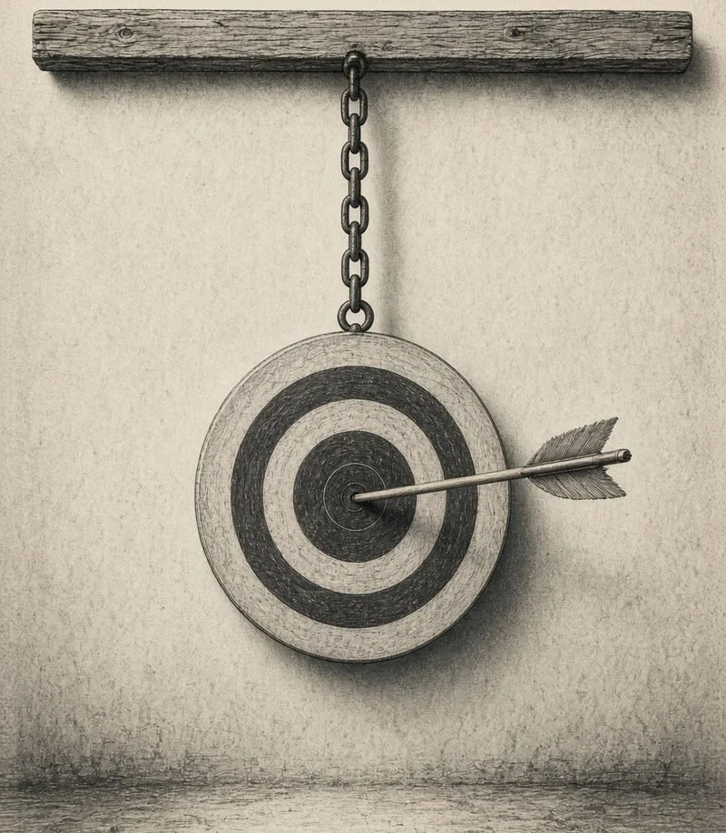 Staff illustration: archery target bullseye with arrow