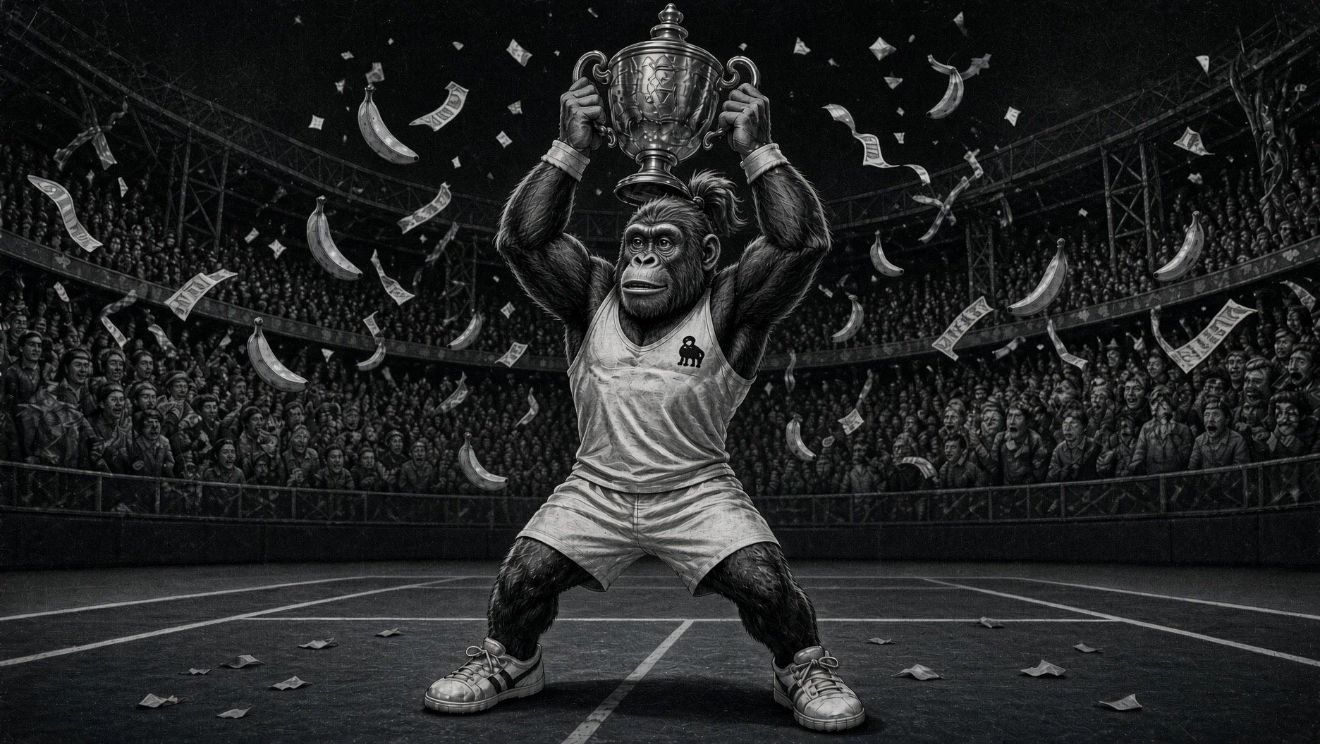 Original art: tennis monkey lifting the cup amid bananas and ticker tape