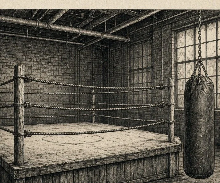 Staff illustration: empty boxing gym with ring and heavy bag