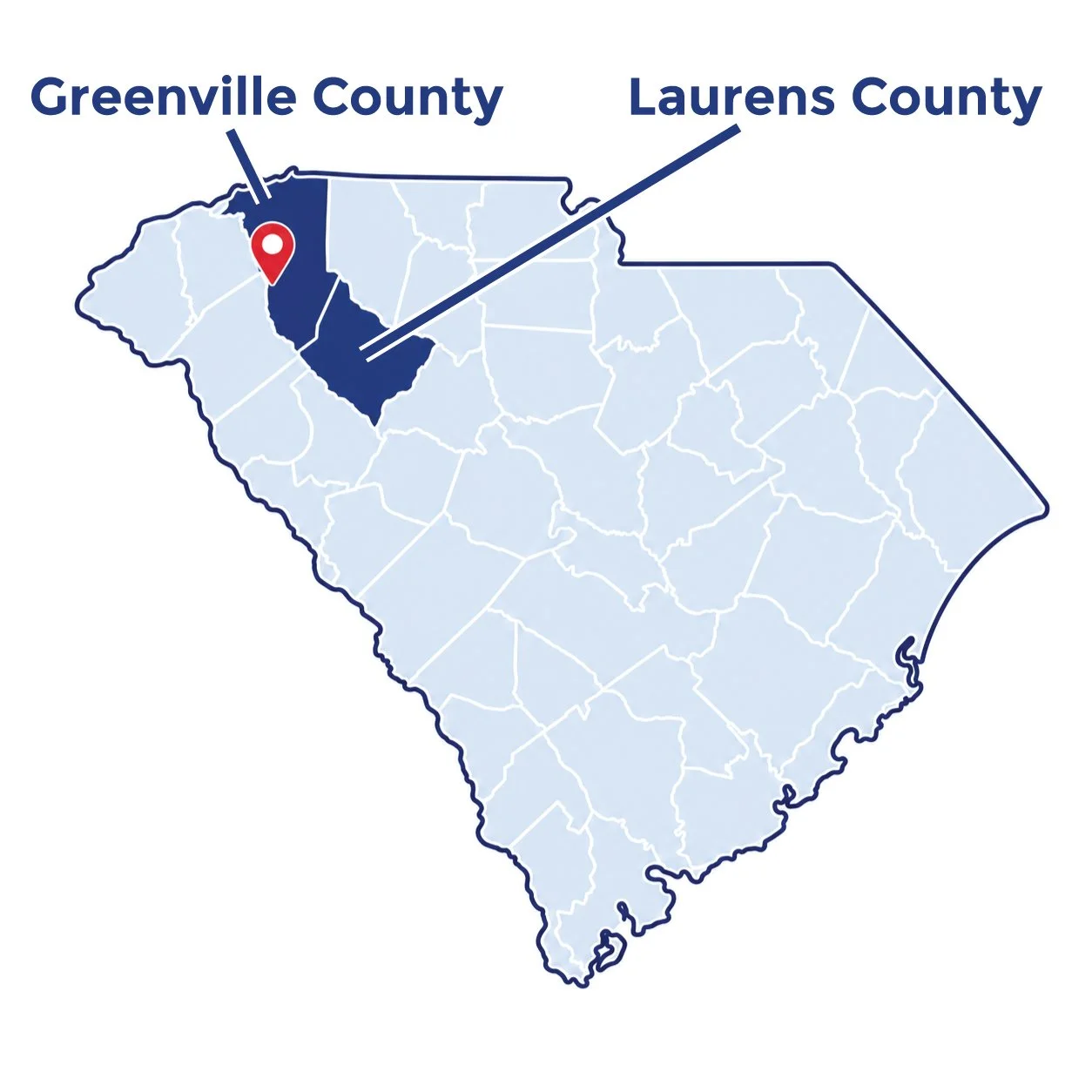 Map of South Carolina highlighting Greenville and Laurens counties