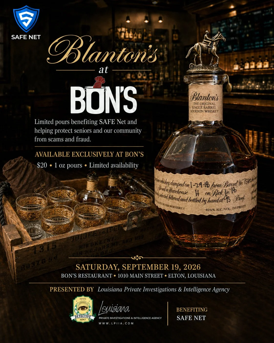 Blanton’s at Bon’s fundraiser flyer benefiting SAFE Net