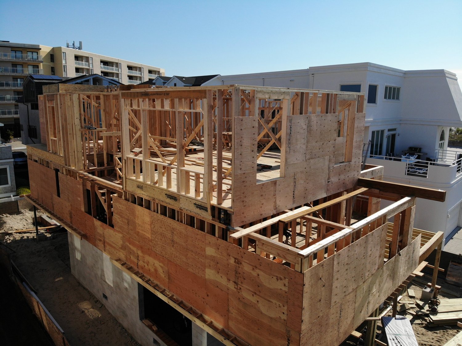 Framing of a new three-story custom home in Longport, NJ