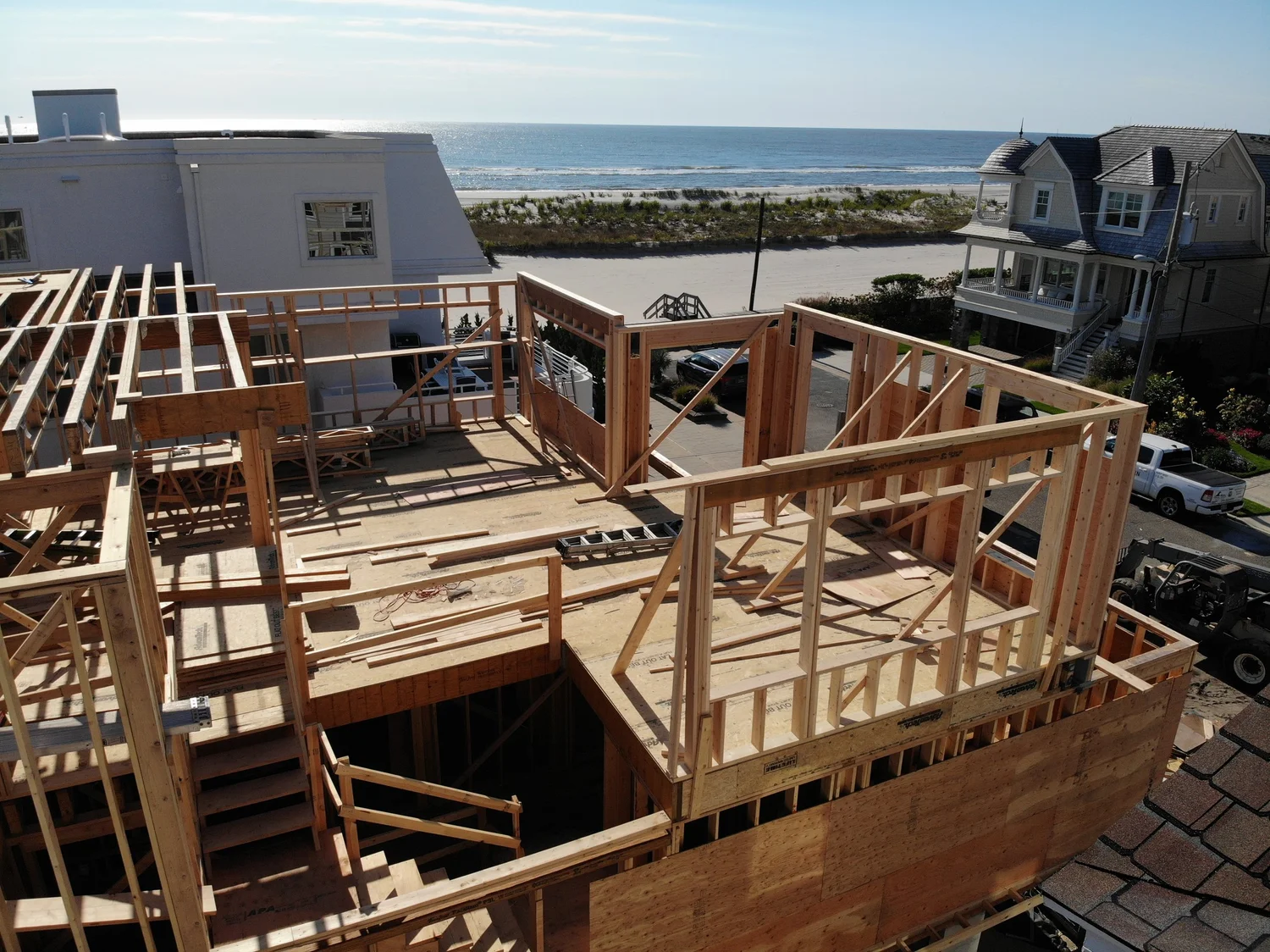 Ocean view from the top floor framing of a new home in Longport, NJ