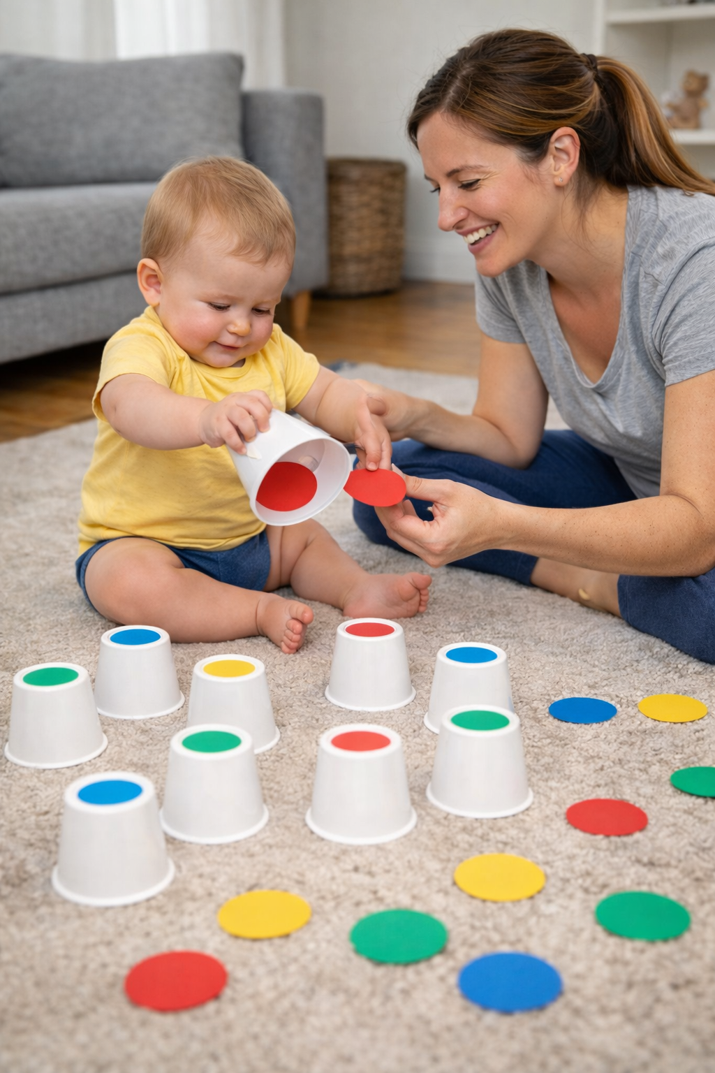 Toddler matching coloured paper circles to matching coloured cups