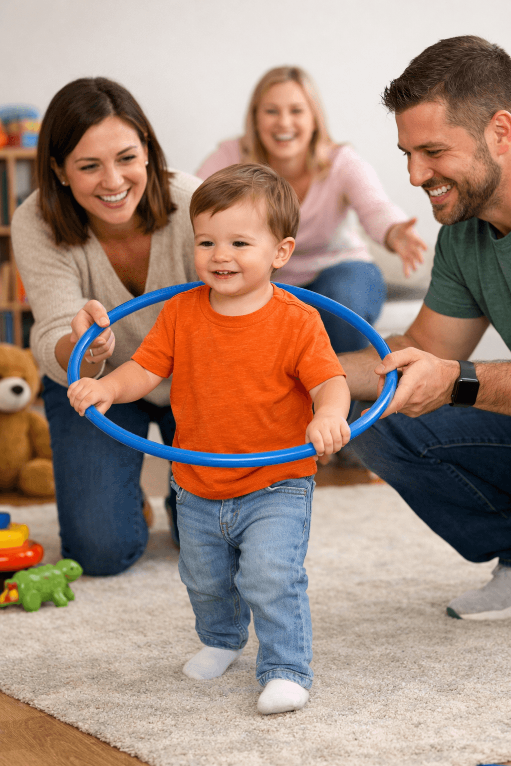 Toddler holding onto a hula hoop for support while practising steps