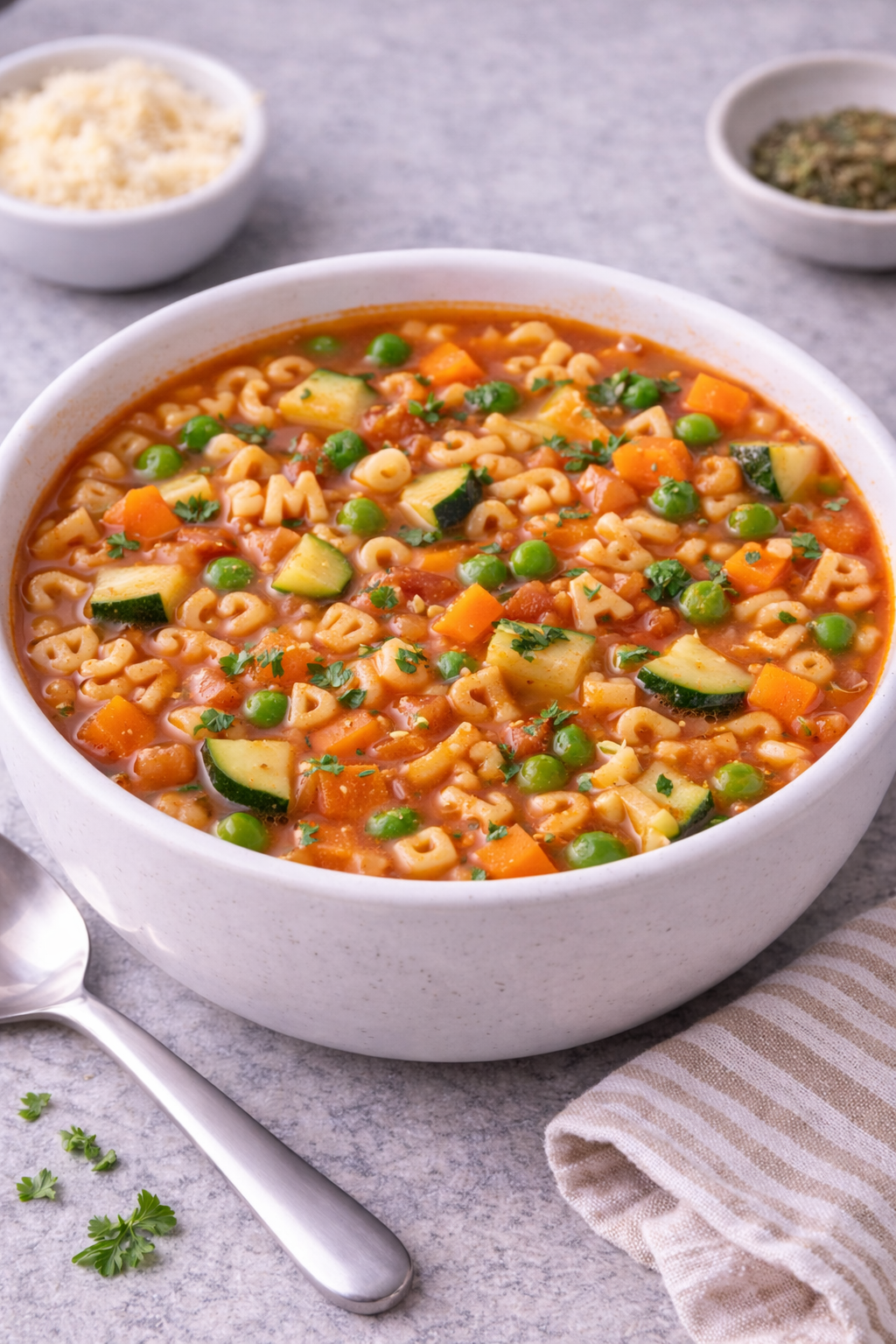Alphabet pasta soup in a bowl for toddlers