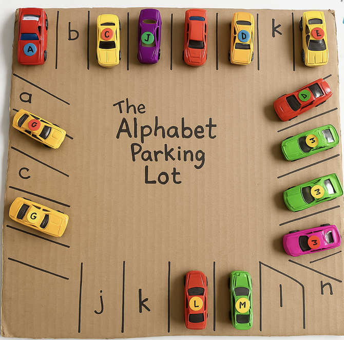 Toy cars labelled with letters parked in a cardboard alphabet parking lot