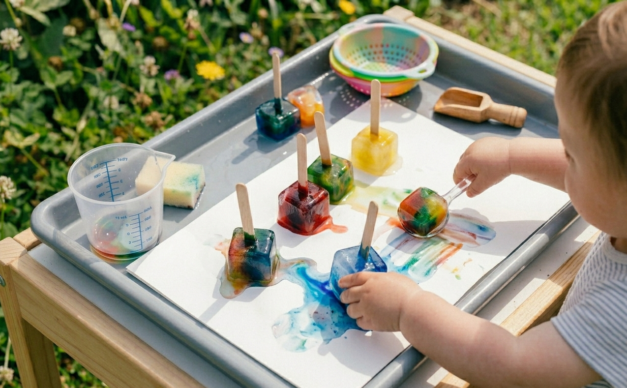 Colourful frozen paint cubes melting on paper