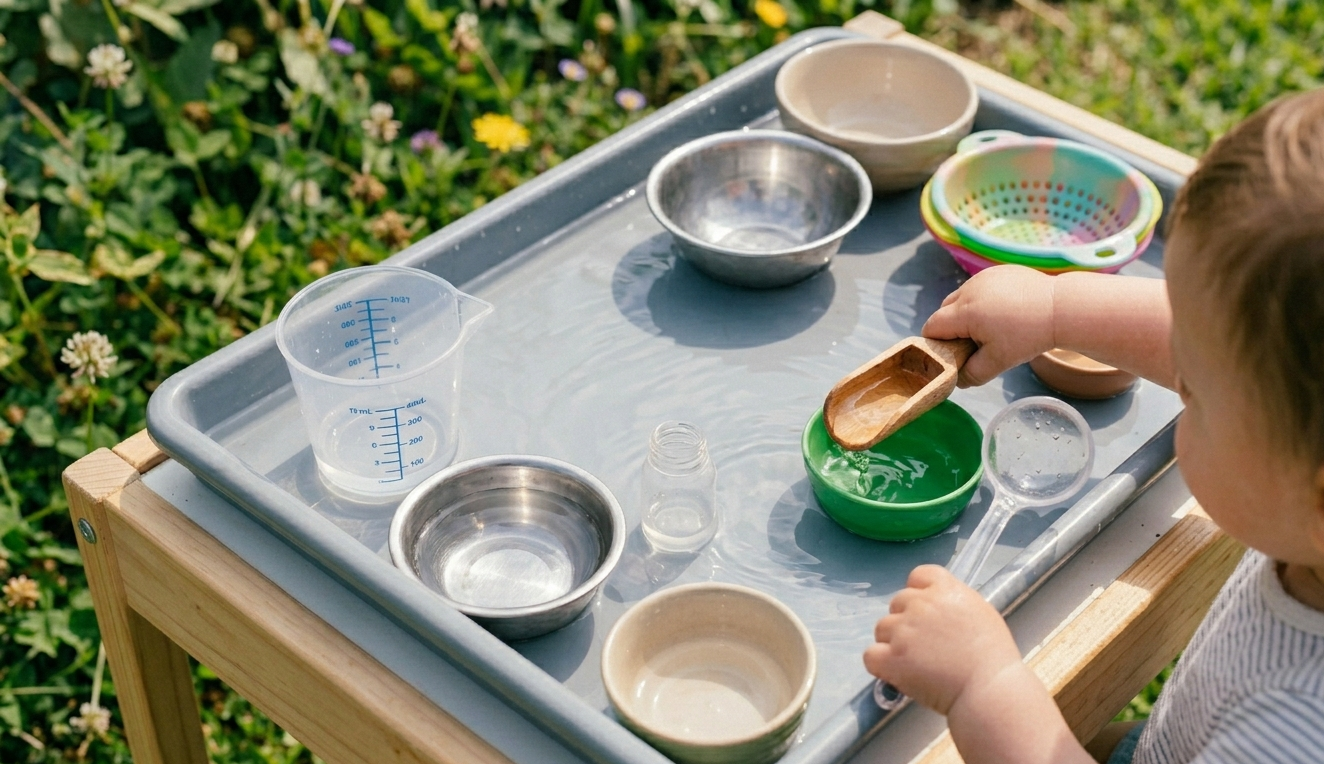 Child pouring water between containers outdoors